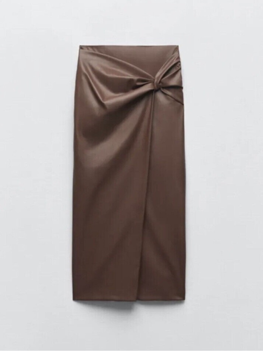 ZARA Brown Faux-Leather Knot Midi Skirt